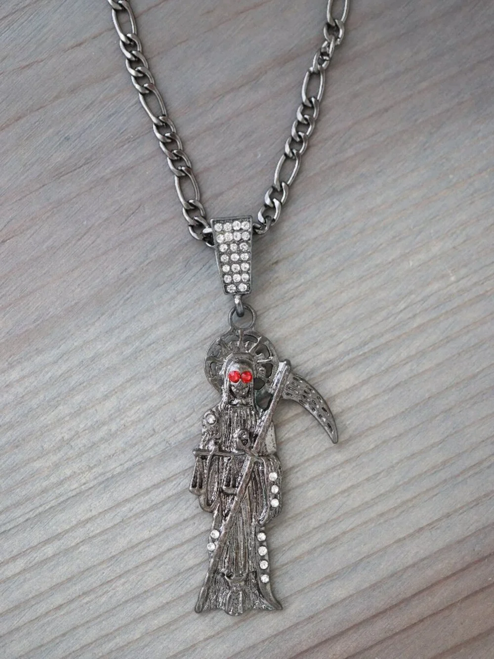 Grim Reaper Black with CZ Stones Style Pendant Necklace